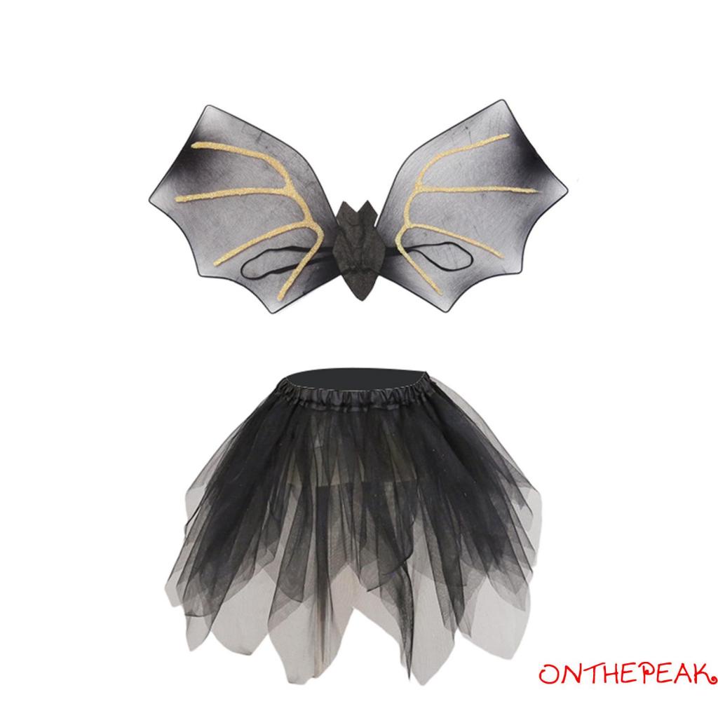 Bộ Trang Phục Hóa Trang Halloween Gồm Chân Váy Tutu Và Đôi Cánh Dơi Màu Đen Cho Bé Gái