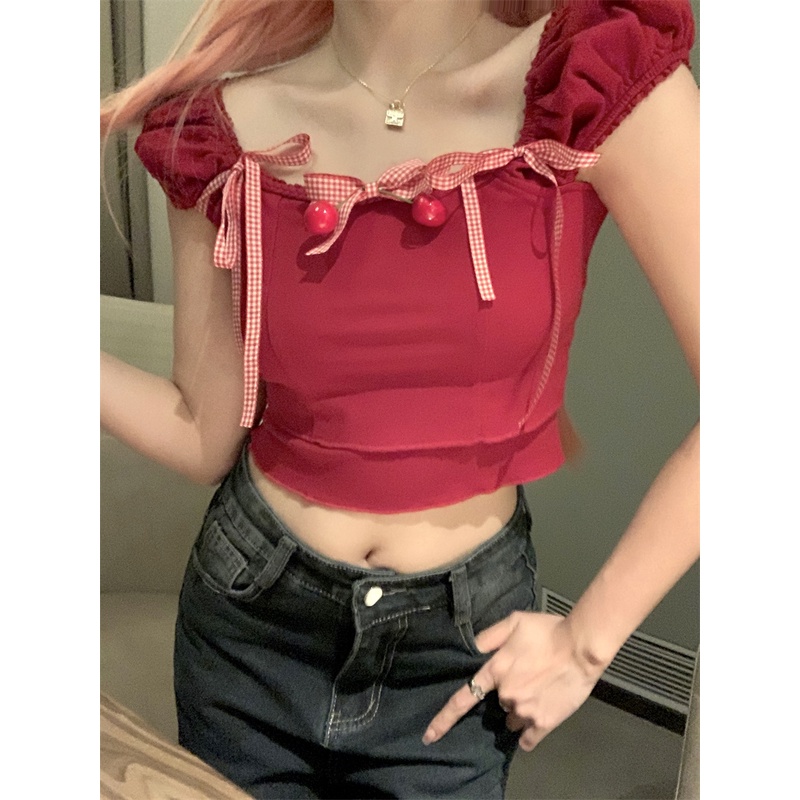 Áo Thun Tay Ngắn Phồng Cổ Vuông Thắt Nơ Dáng Ôm Thời Trang Mùa Hè Mới Dành Cho
