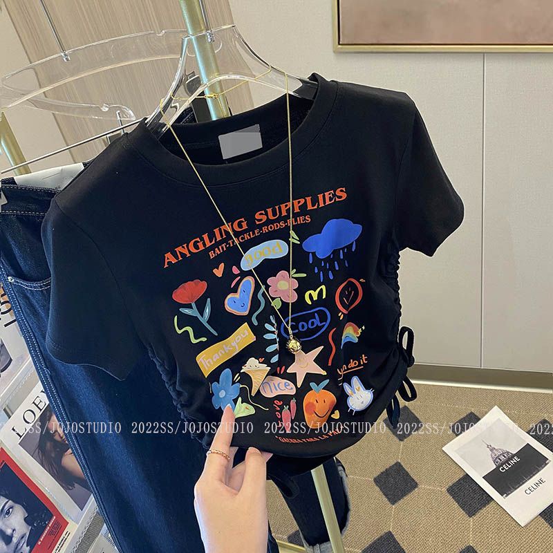 Áo Thun Tay Ngắn Phối Dây Rút In Họa Tiết Hoạt Hình Vui Nhộn Thời Trang Mùa Hè 2023 Cho Bé Gái