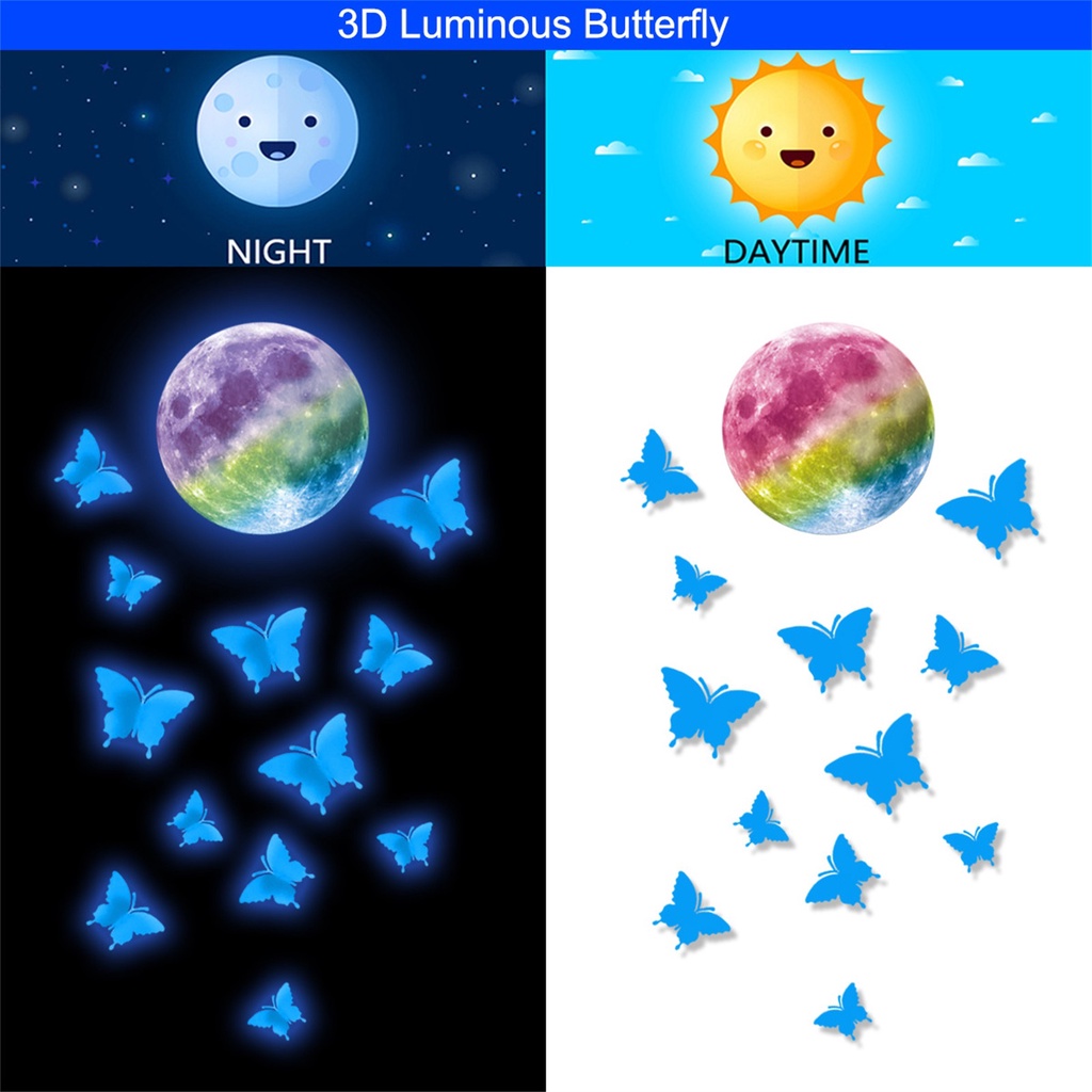 Bộ 13 Miếng Dán Tường Hình Bướm Mặt Trăng Bằng PVC Ba Chiều Màu Dạ Quang Trang Trí Nhà Cửa
