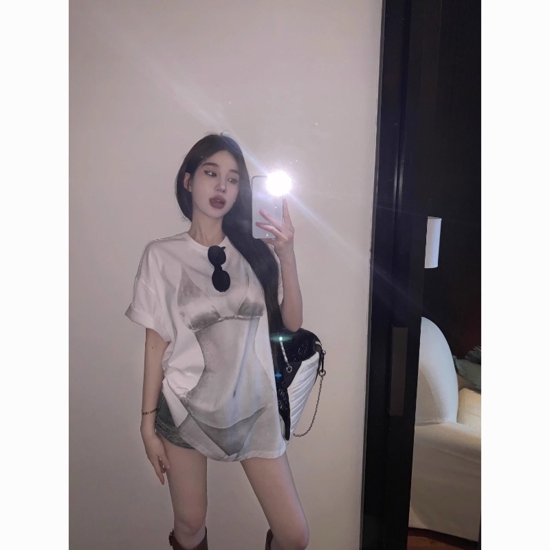 COZOK Áo Thun Ngắn Tay Dáng Rộng In Họa Tiết Kiểu retro Thời Trang Cho Nữ