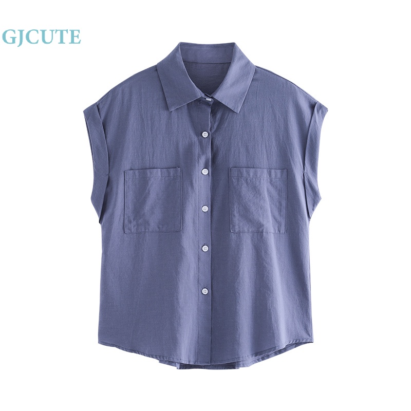 Áo Sơ Mi Không Tay Dáng Rộng Màu Trơn Có Túi Thời Trang Thường Ngày Cho Nữ