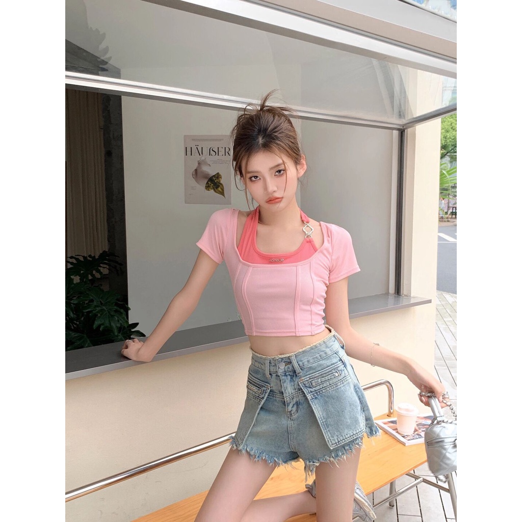 Áo Thun Giả Hai Lớp Dáng Ôm Màu Tương Phản Phong Cách Retro Dành Cho Nữ