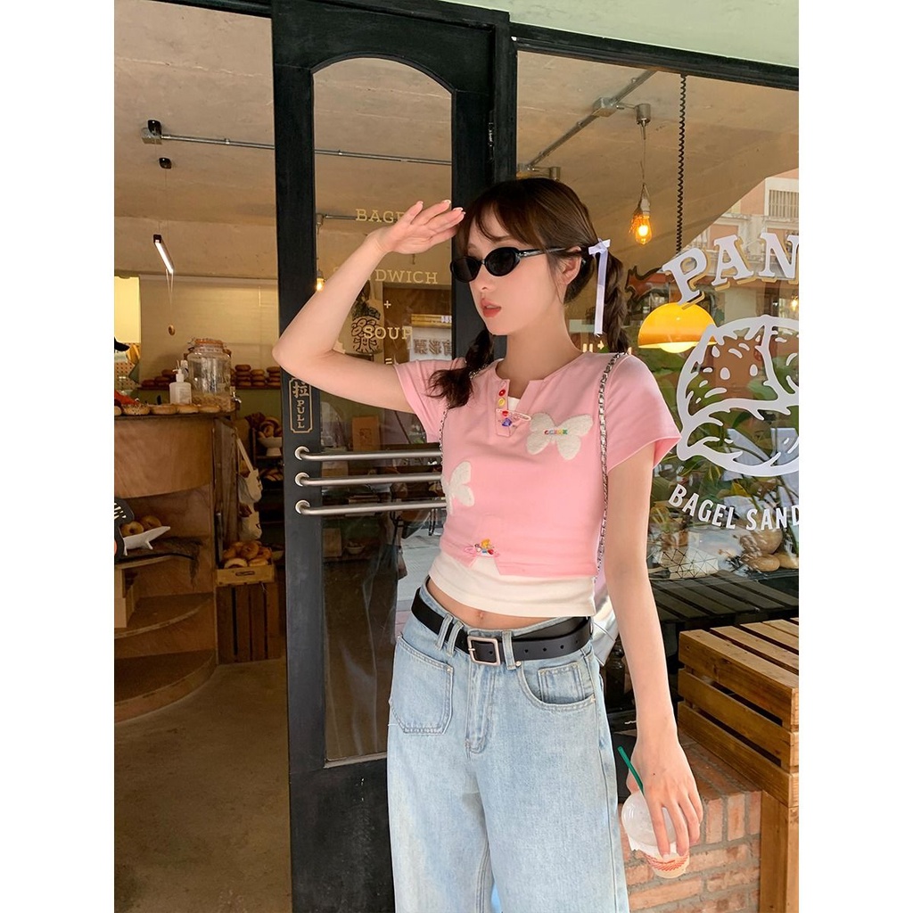 Áo Thun Tay Ngắn Giả Hai Lớp Dáng Ôm Họa Tiết Bướm Dễ Thương Thời Trang Mùa Hè