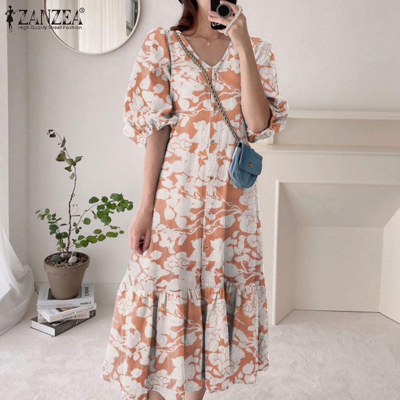 ZANZEA Đầm Tay Lửng Cổ Chữ V In Họa Tiết Thời Trang Hàn Quốc Cho Nữ