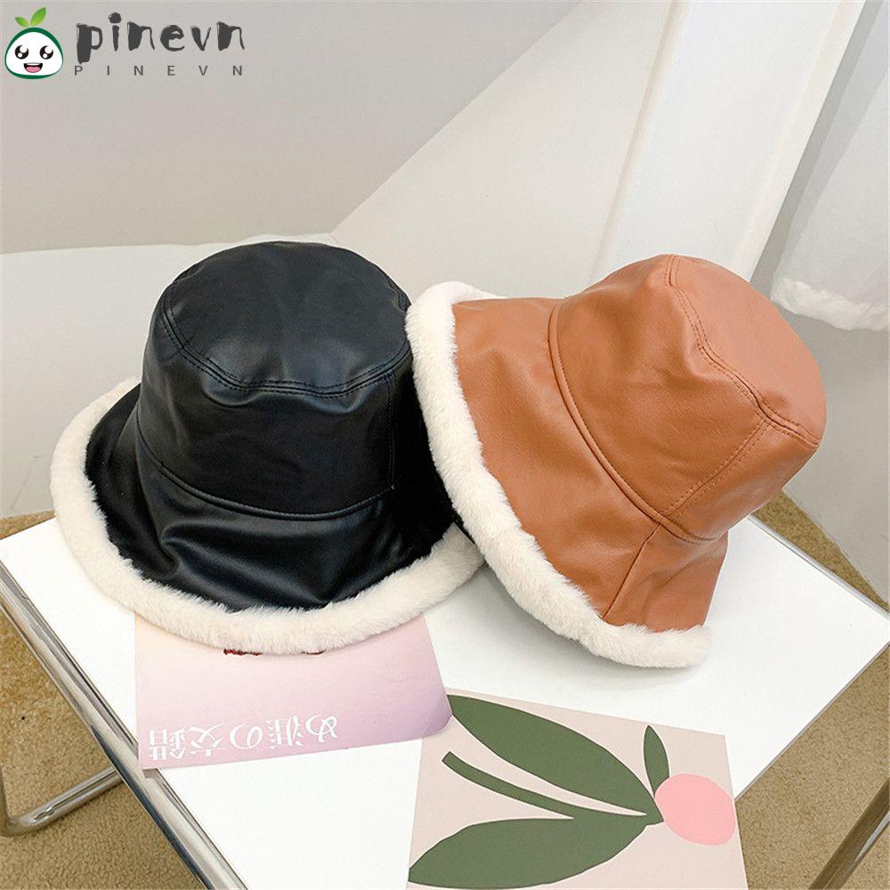 PINEVN Mũ Bucket Chất Liệu Da PU Dày Dặn Ấm Áp Thời Trang Mùa Đông