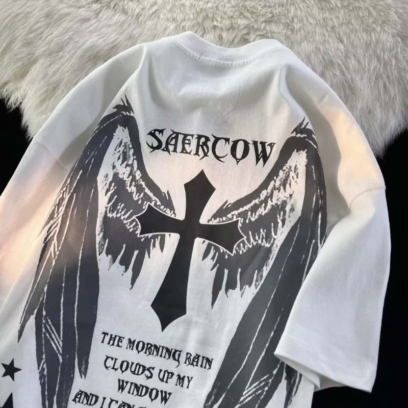 [Giá Thấp] Áo Thun Tay Ngắn Cổ Tròn Cỡ Lớn In Hình Đôi Cánh Chéo Phong Cách Đường Phố Châu Âu Mùa Hè Dành Cho Nam Nữ