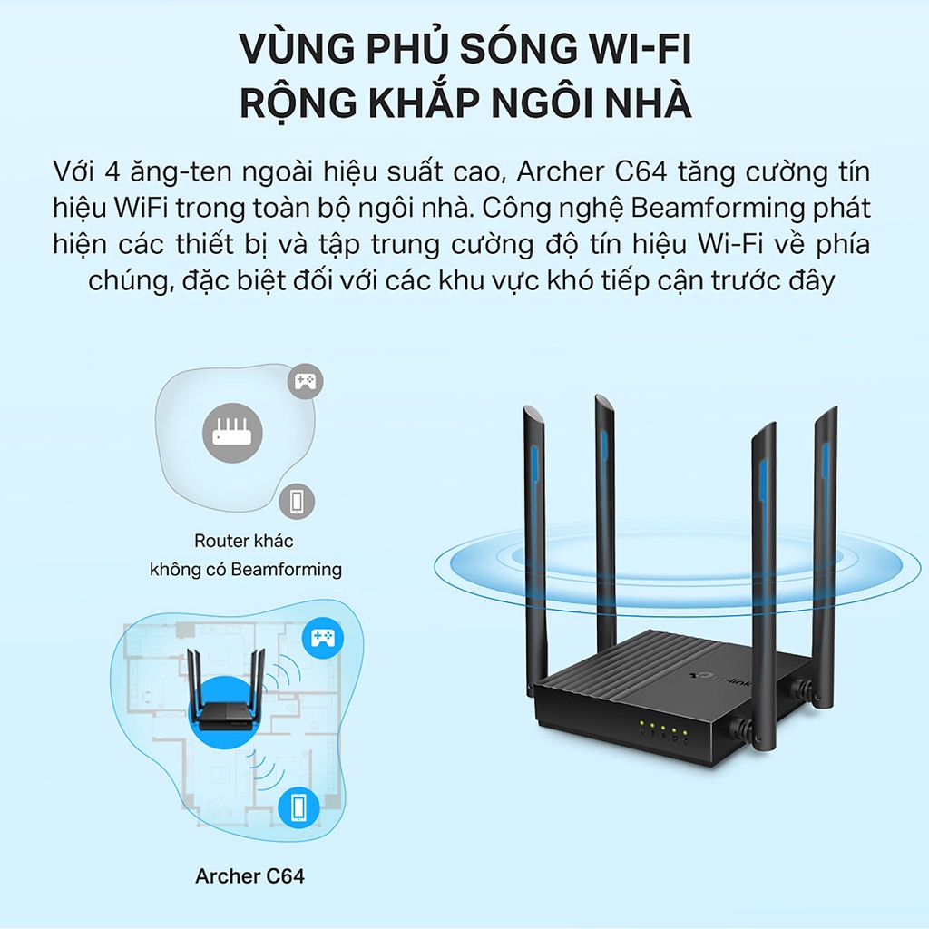 Bộ Phát Wifi TP-Link Archer C64 Băng Tần Kép Chuẩn AC1200 - Hàng Chính Hãng