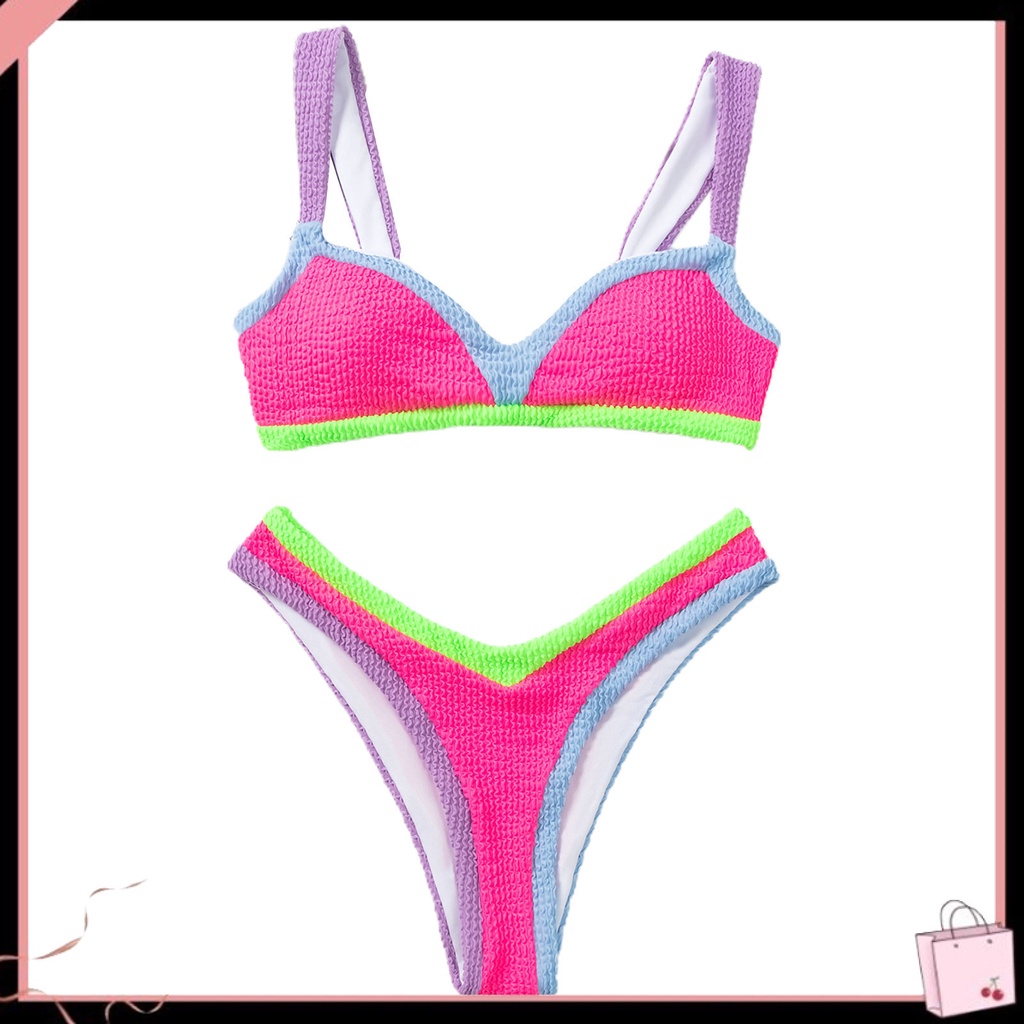 Bộ Đồ Bơi 2 Mảnh Lưng Cao Co Giãn Có Đệm Màu Sắc Tương Phản Dành Cho Nữ