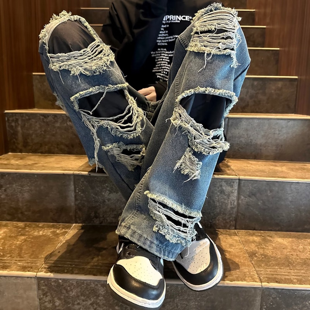 Quần Jean Dài Ống Rộng Rách Gối Phong Cách Retro Thời Trang Cho Nam Nữ