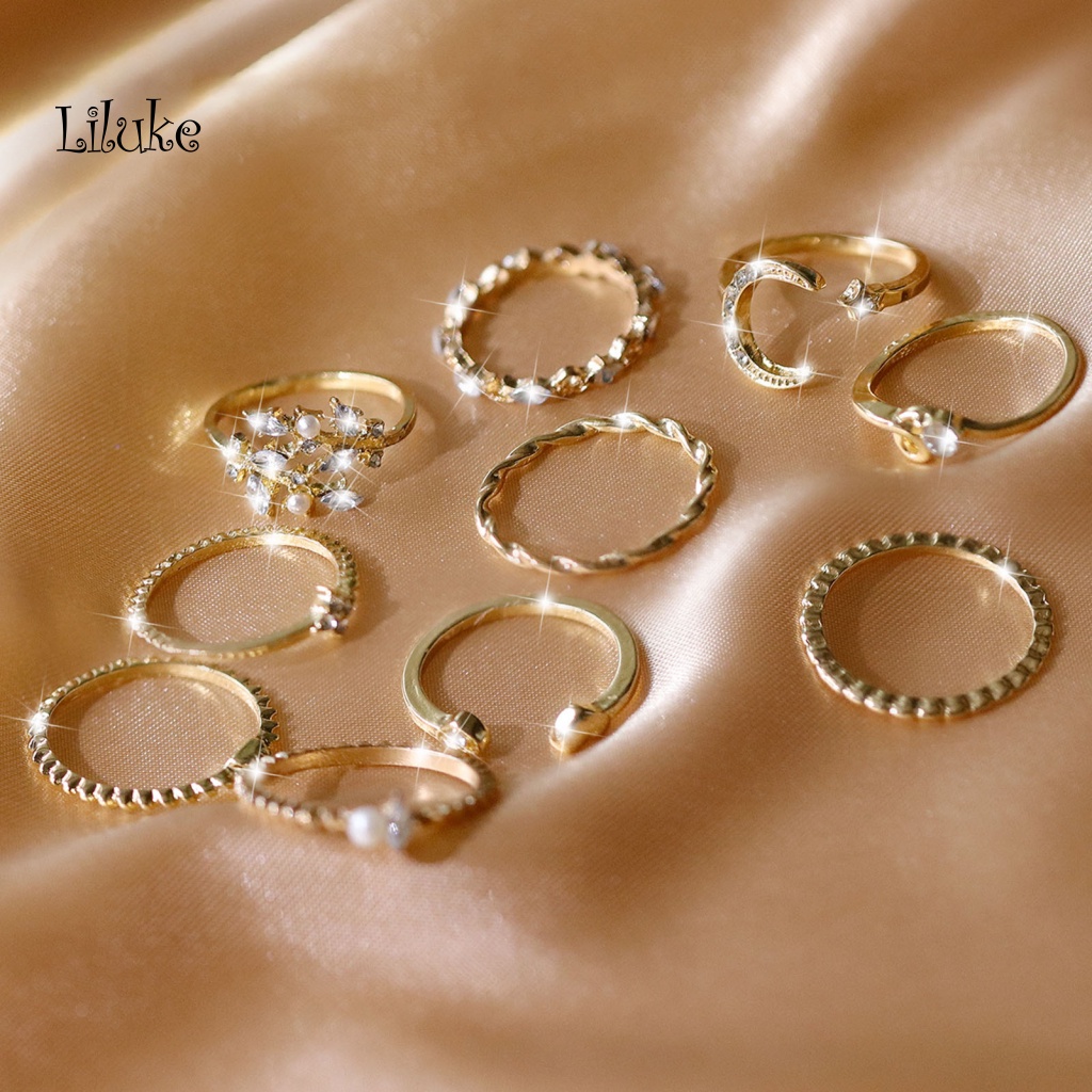 Bộ 10 Nhẫn Hợp Kim Đính Đá Nhiều Màu Sắc Xinh Xắn Cho Nữ