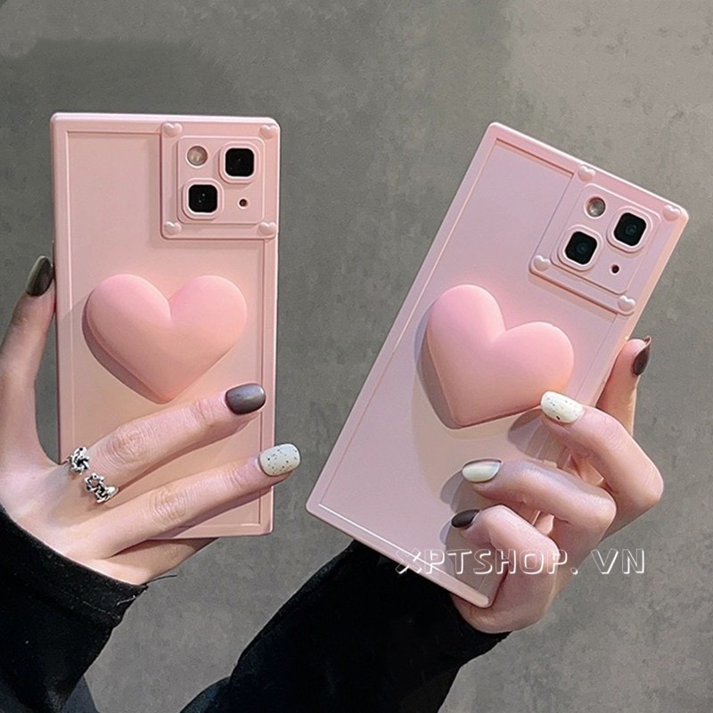 Ốp Điện Thoại Dẻo Hình Vuông Họa Tiết Trái Tim Màu Hồng Xinh Xắn Cho iPhone 14 13 12 11 Pro Max XR IX