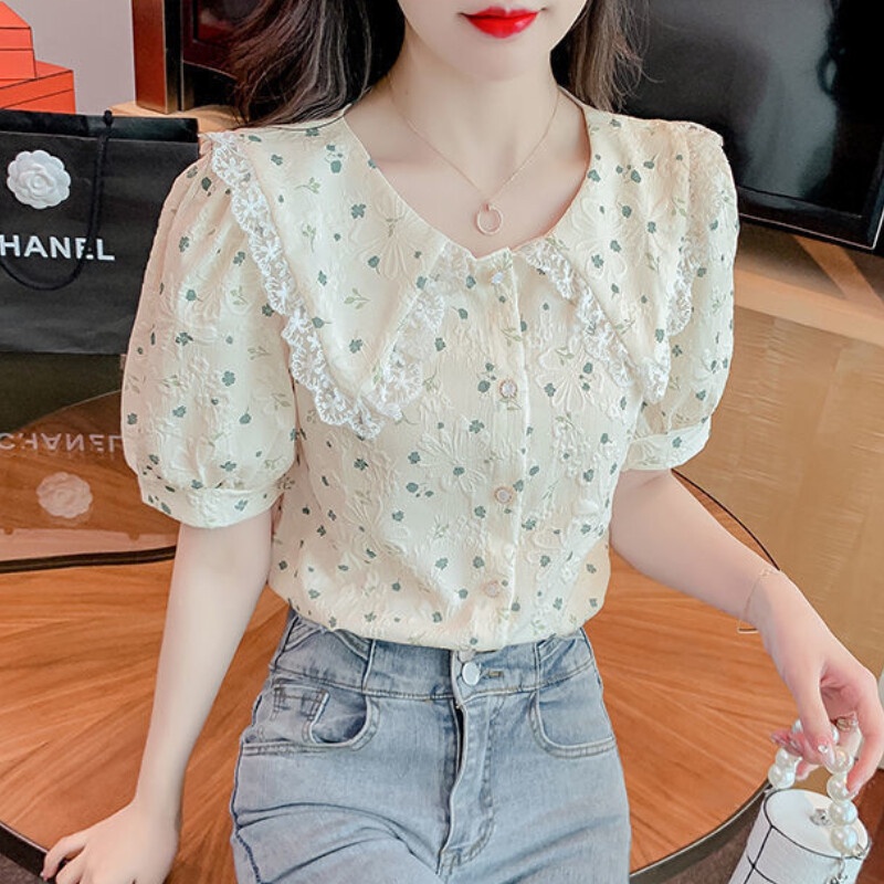 Áo Sơ Mi Chiffon Tay Ngắn In Hoa Thời Trang Mùa Hè Hàn Quốc 2023 Cho Nữ