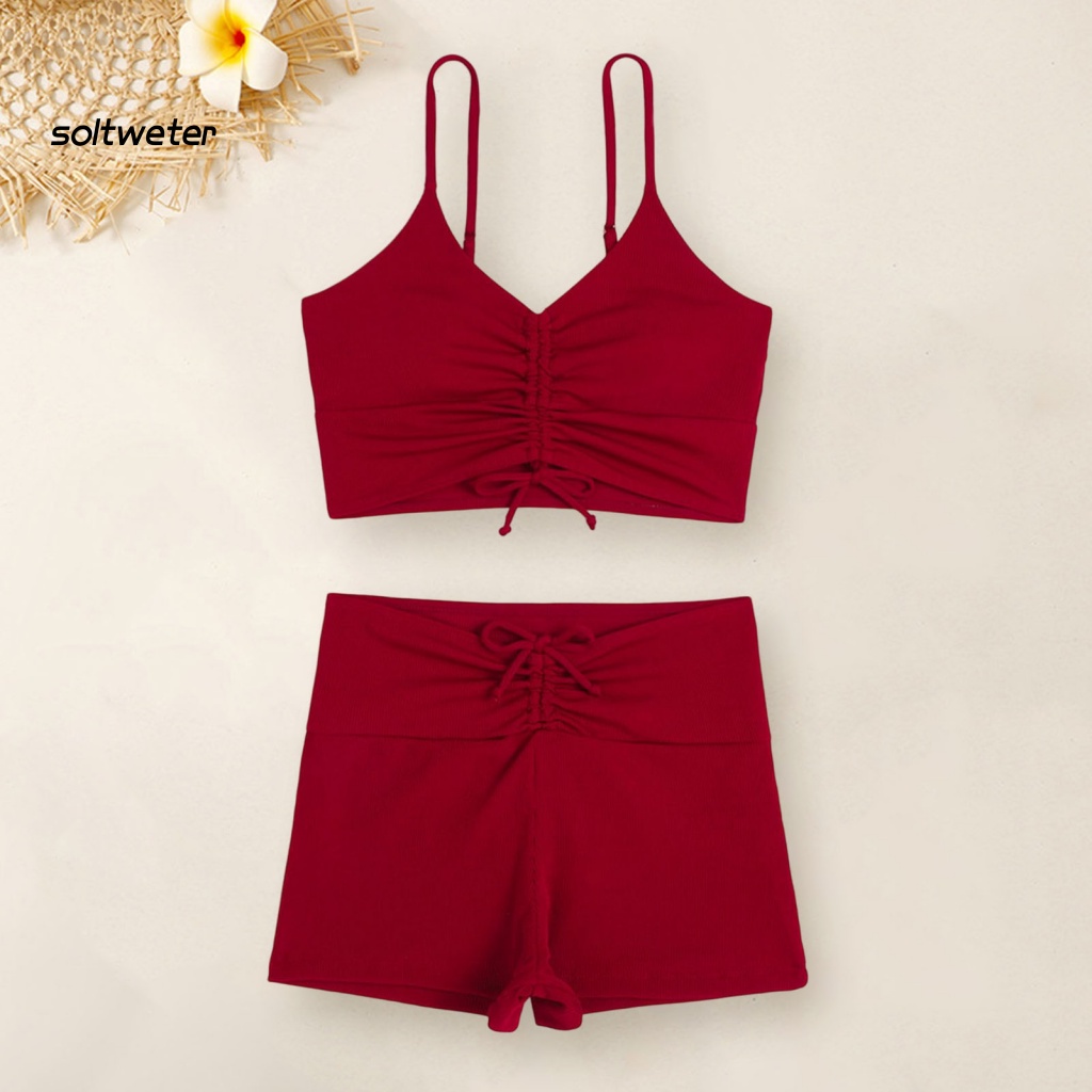 Bộ Bikini 2 Mảnh Cổ Chữ V Lưng Cao Co Giãn Thoáng Khí In Họa Tiết Hoa Kèm Dây Rút Thời Trang Quyến Rũ Cho Nữ