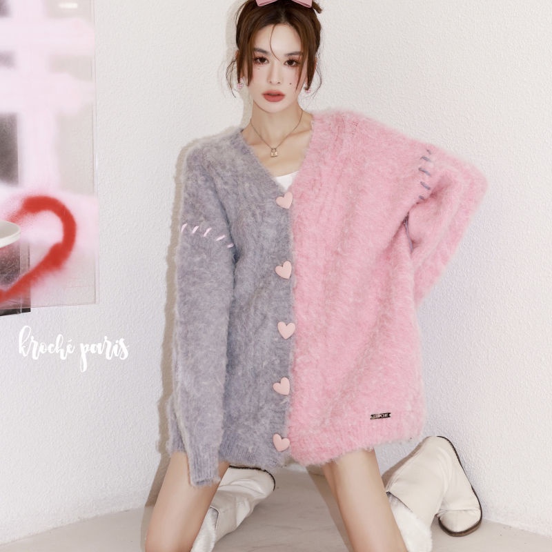 Áo Khoác Cardigan Dệt Kim Dáng Rộng Cài Khuy Hình Trái Tim Màu Sắc Xinh Xắn Cho Nữ