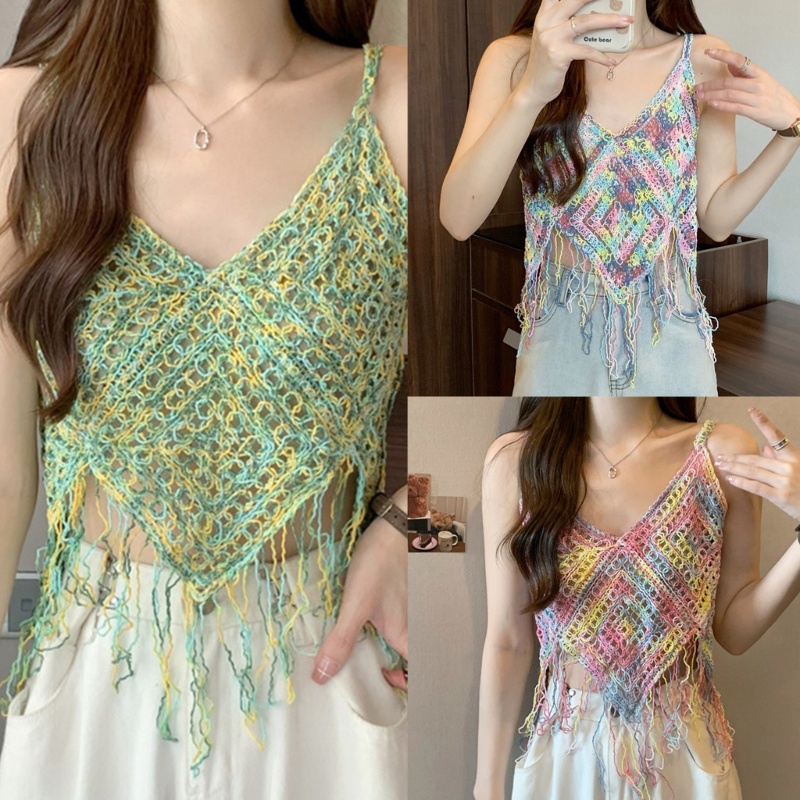 Áo Croptop Hai Dây Dệt Kim Không Tay Cổ Chữ V Thêu Họa Tiết Thời Trang Mùa Hè Dành Cho Nữ