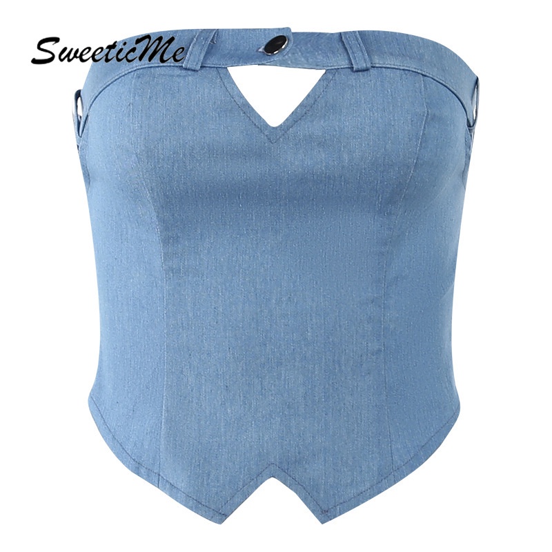 Áo Ống Màu Trơn Dáng Ôm Chất Liệu Denim Thời Trang 2023 Quyến Rũ Cho Nữ