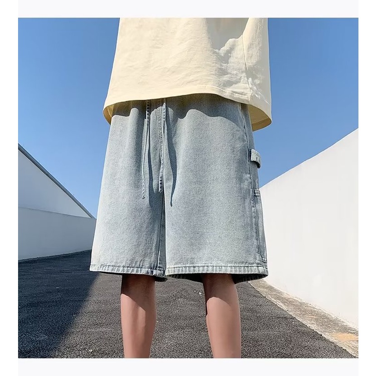 Quần Short Denim Lưng Thun Ống Rộng Phong Cách Đường Phố Mỹ Thời Trang Mùa Hè Cho Nam