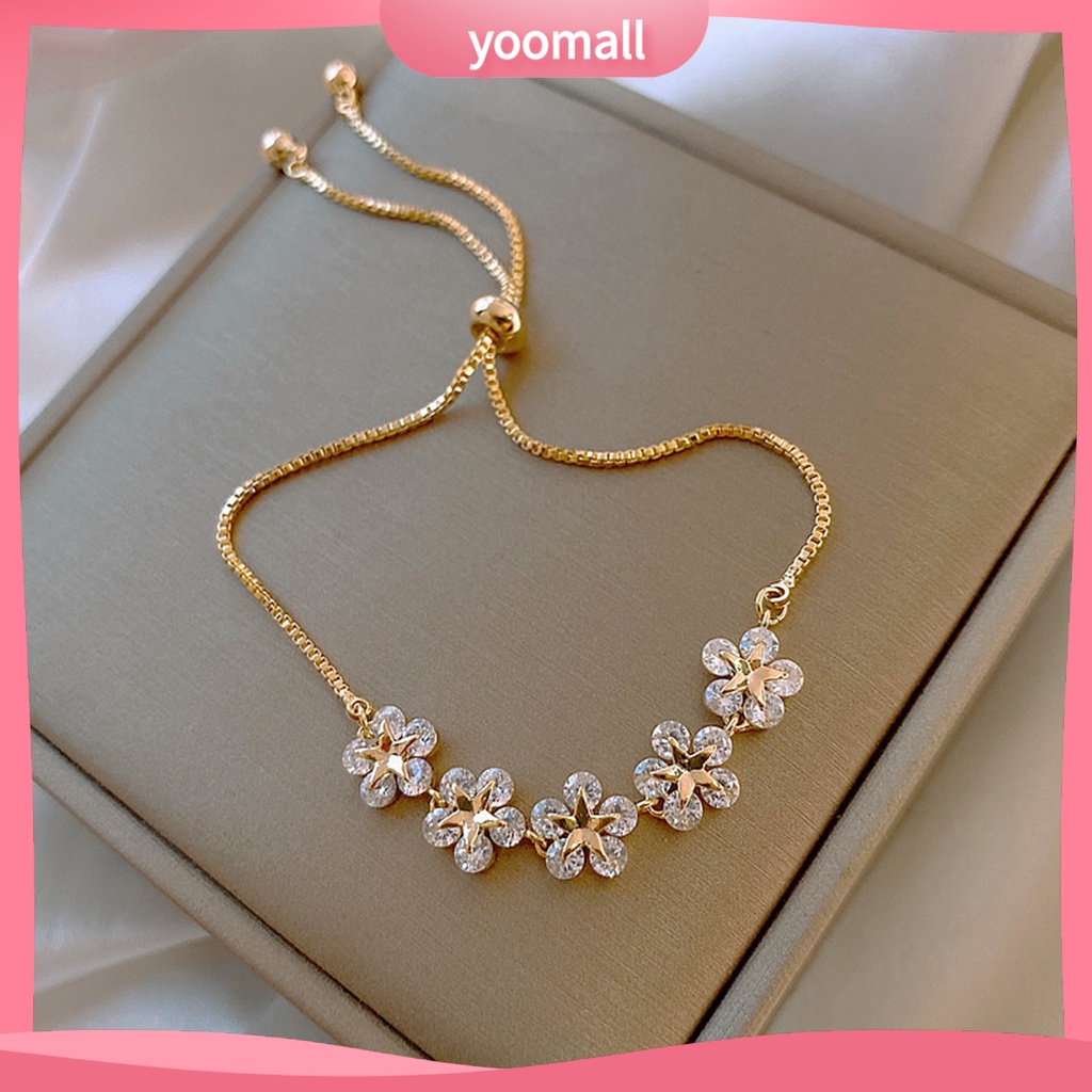 [YM] Vòng Tay Đính Đá Zircon Hình Hoa Năm Cánh Tinh Tế Lâu Trôi Cho Nữ Dự Tiệc