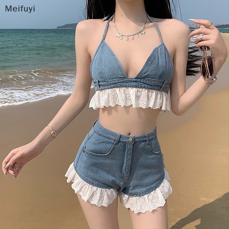 [Meifuyi] Bra+Shorts Set Women Sexy Halter Cropped Lace Backless Denim Elastic Waist Beach COD