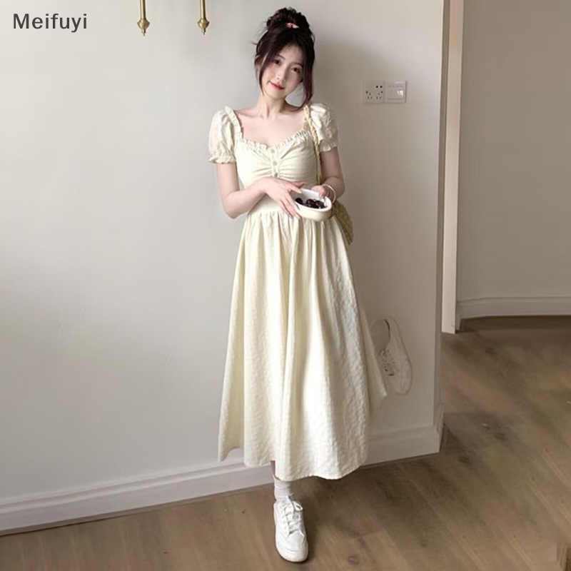 [Meifuyi] Puff Sleeve Dresses Women Midi Sweet Bodycon Summer French Style Ruffles Casual Dress COD