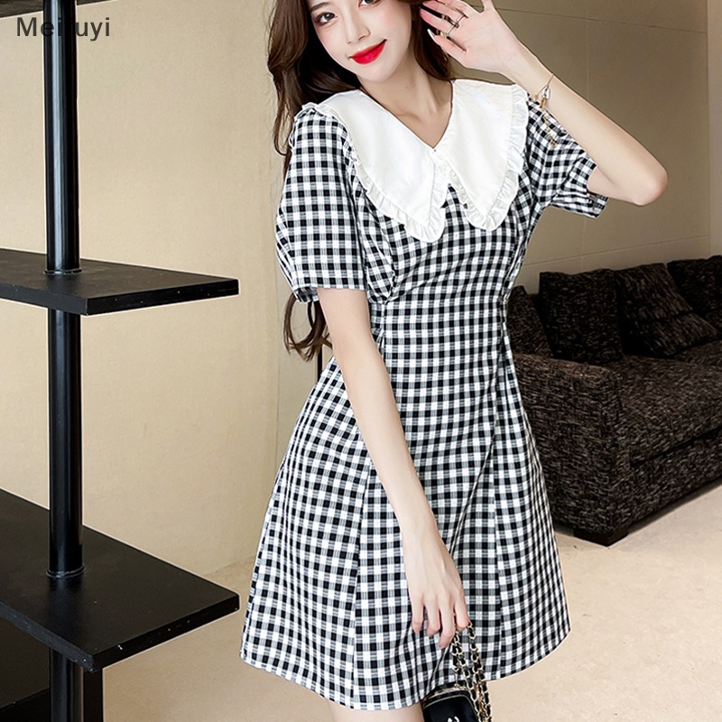 [Meifuyi] Women Summer Dress Short Sleeve Plaid Peter Pan Collar High Waist Casual Dresses COD