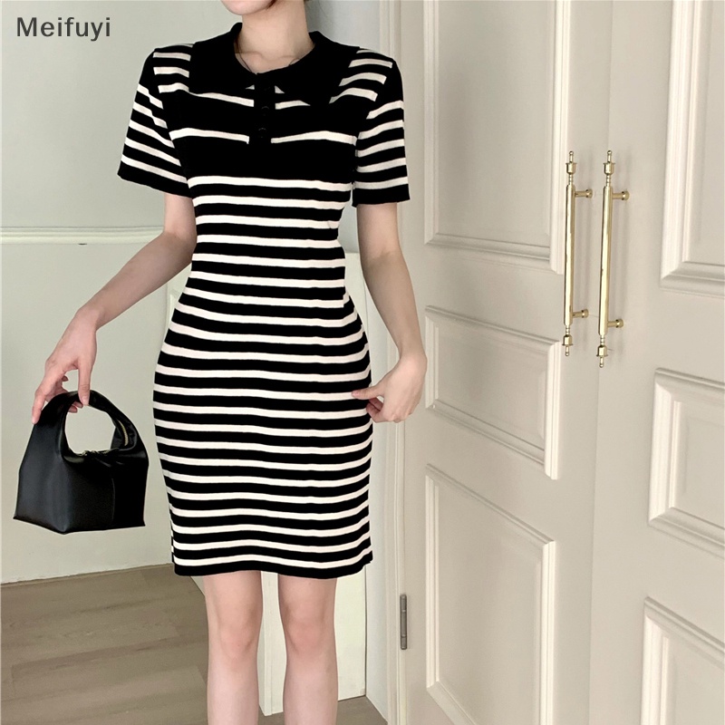[Meifuyi] Summer Striped Mini Dress Women Korean Casual Chic Ladies Turn-down Collar Dresses COD