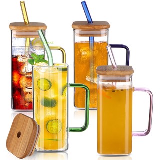 4 Pack Drinking Glasses with Bamboo Lids and Glass Straws, 14oz/400ml Glass Cups with Lids and Straws, Square Drinking Glasses for Cocktail, Whiskey, Hot/Iced Coffee, Juice,
