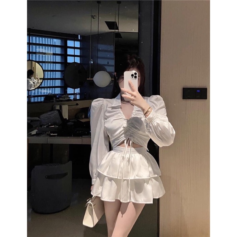 Set Áo Polo Croptop Rút Ngực V Tay Phồng + Váy 2 Tầng Có Lót Quần alohashop91