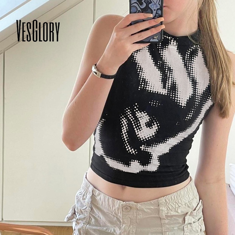 Áo Tank Top Sát Nách Cổ Cao In Họa Tiết Bàn Tay Màu Tương Phản Thời Trang 2023 Cho Nữ