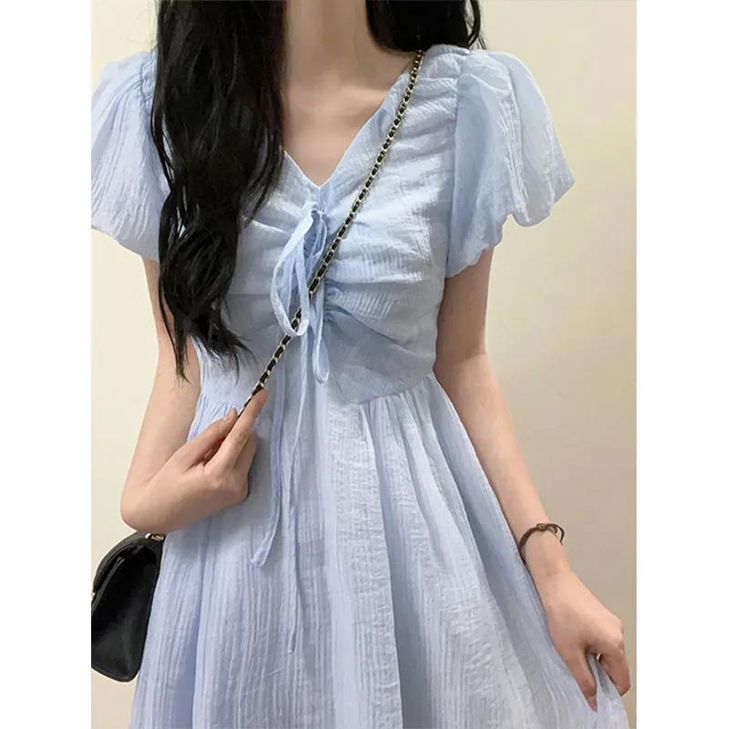 Đầm chiffon Cổ Chữ v Tay Phồng Màu Xanh Dương Ngọt Ngào Thời Trang Mùa Hè