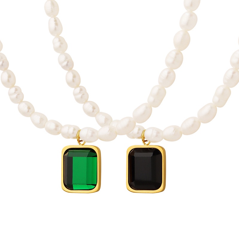 Vòng cổ Mặt Vuông Đính Ngọc Trai Pha Lê Không Màu Phong Cách Retro Âu Mỹ