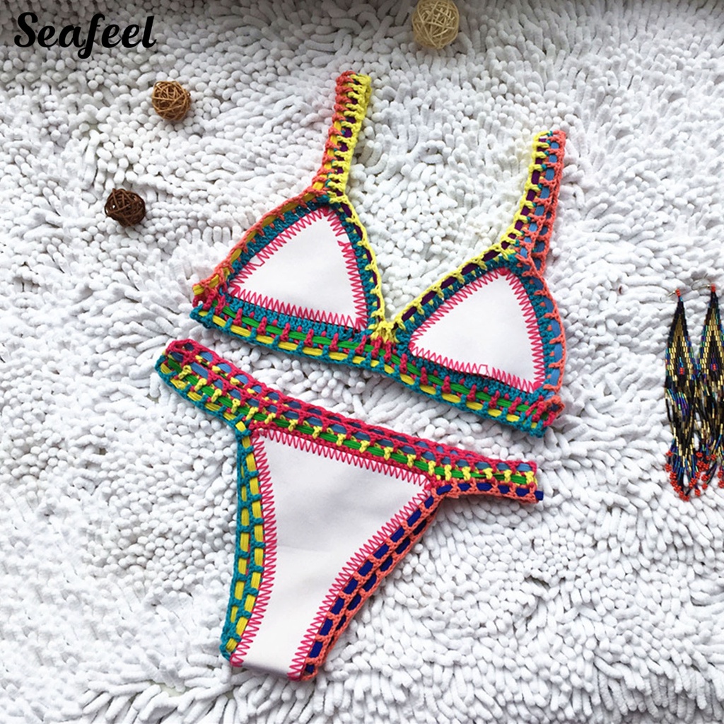 Set 2 Món Đồ Bơi Bikini Đan Móc Thủ Công Màu Sắc Tươi Sáng