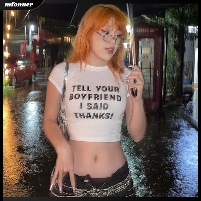 Áo Croptop Tay Ngắn Cổ Tròn Dáng Ôm In Chữ Thời Trang Quyến Rũ Cho Nữ