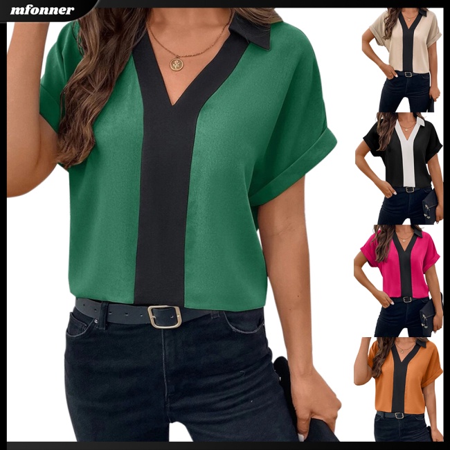 Áo Sơ Mi Tay Ngắn Cổ Chữ V Dáng Rộng Màu Tương Phản Thoáng Khí Thời Trang Cho Nữ