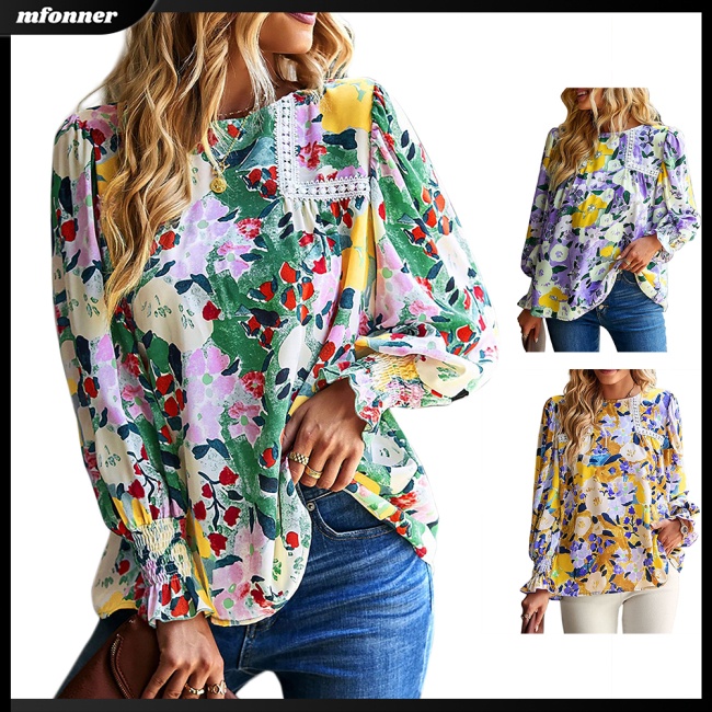 Áo Sơ Mi Tay Dài Dáng Rộng Cổ Tròn In Hoa Thiết Kế Thoáng Khí Thoải Mái Cho Nữ