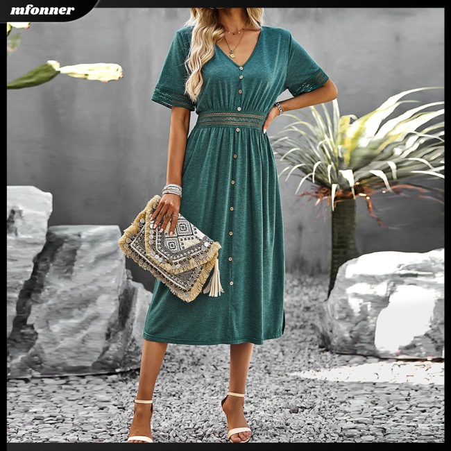 Đầm Midi Tay Ngắn Cổ Chữ V Màu Sắc Thanh Lịch Dành Cho Nữ