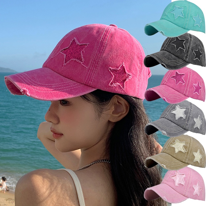 Mũ Lưỡi Trai Denim Mềm Đính Ngôi Sao Lấp Lánh Phong Cách Hip hop Đường Phố Hàn Quốc Y2K