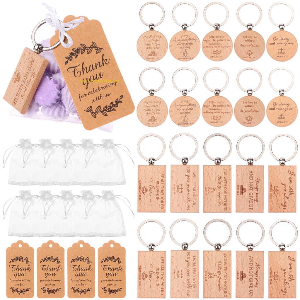 Set 50 Móc Khóa In Câu Trích Dẫn Bằng Gỗ Kèm Thẻ In Chữ Thank You Và Túi Organza Christian