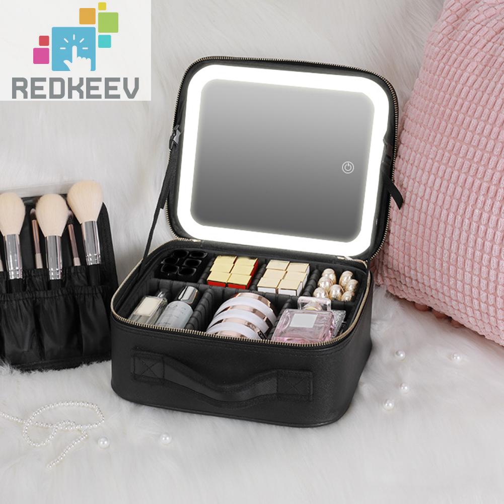 Hộp Đựng Mỹ Phẩm Bằng Da PU Có Khóa Kéo Kèm Gương Và Đèn LED Dành Cho Nữ