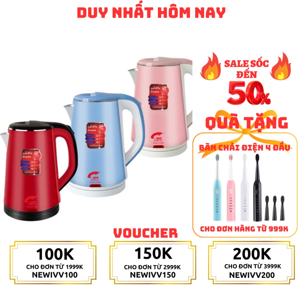 Ấm siêu tốc inox jiplai cao cấp 2,5L, Bình đun nước siêu tốc mini cách nhiệt an toàn tiện lợi Chính hãng Fujika