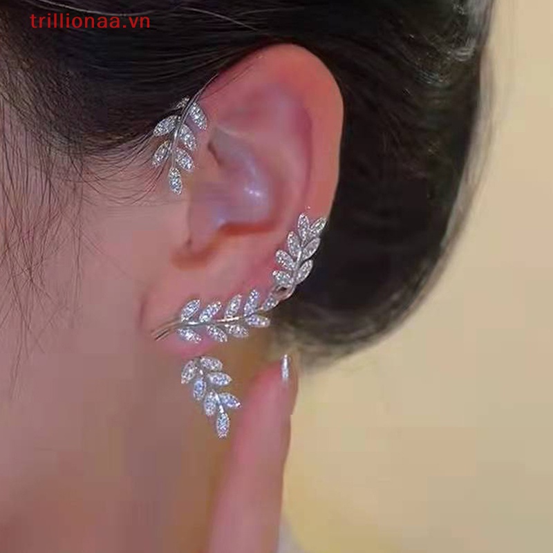 Bông Tai Kẹp Hình Chiếc Lá Đính Pha Lê Lấp Lánh Thời Trang Cho Nữ