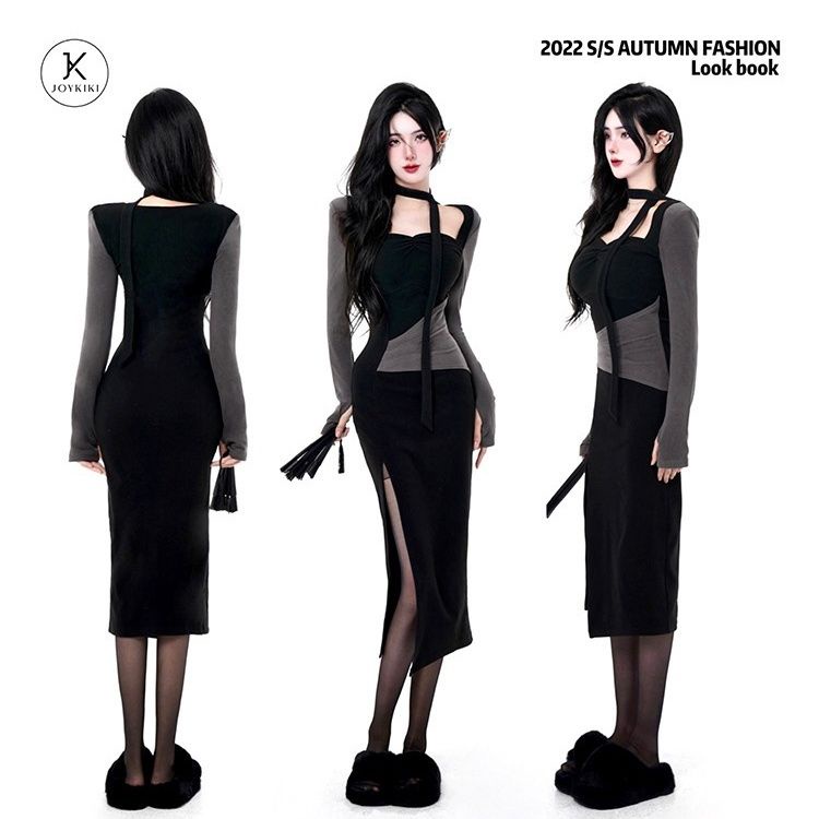 Đầm Đen Tay Dài Dáng Ôm Thời Trang Quyến Rũ Cho Nữ