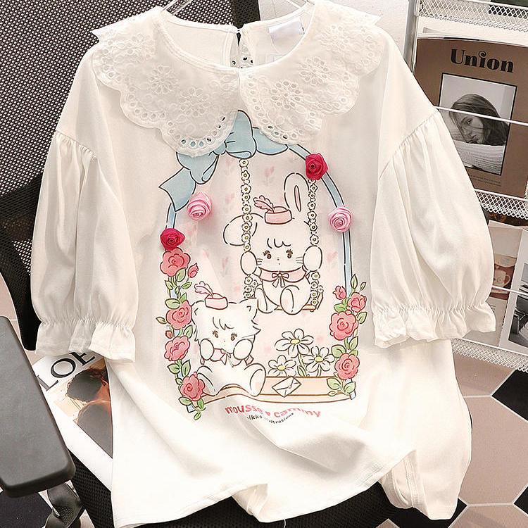 In solid color t-shirt cô gái mùa hè mới của pháp quần áo trẻ em tay phồng