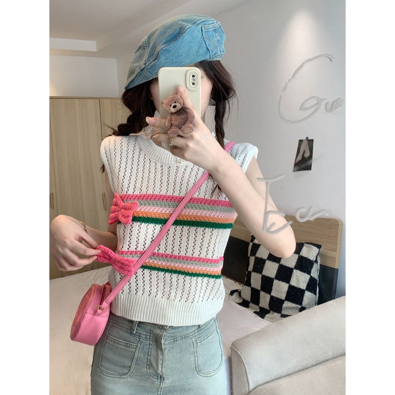 Áo Tank Top Dệt Kim Sát Nách Đính Nơ Độc Đáo Thời Trang Mùa Hè Cho Nữ