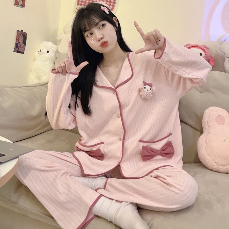 Bộ Đồ Ngủ Tay Dài Đính Nơ Phong Cách Hàn Quốc Thời Trang Xuân Thu Xinh Xắn Cho Nữ