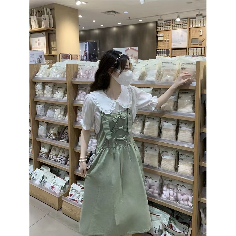 Thời trang đại học phong cách búp bê cổ áo sơ mi + dây treo ngọt ngào váy dài hai mảnh bộ phụ nữ