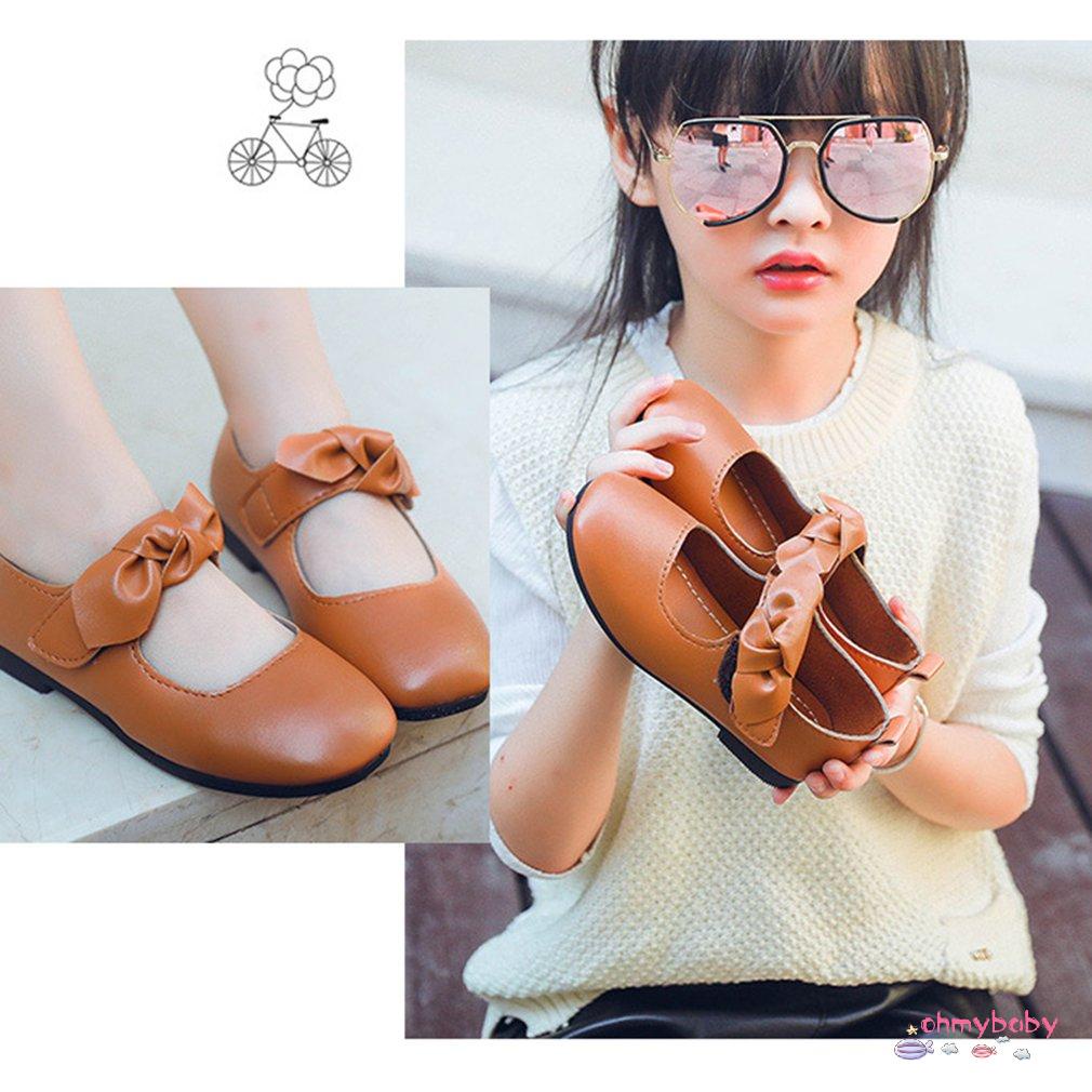 Solid Color Children PU Leather Shoes with Removable Bowknot Decor for Girls