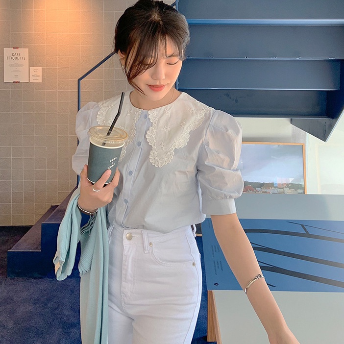 Áo Sơ Mi Tay Ngắn Cổ Búp Bê Thời Trang Hàn Quốc Cho Nữ