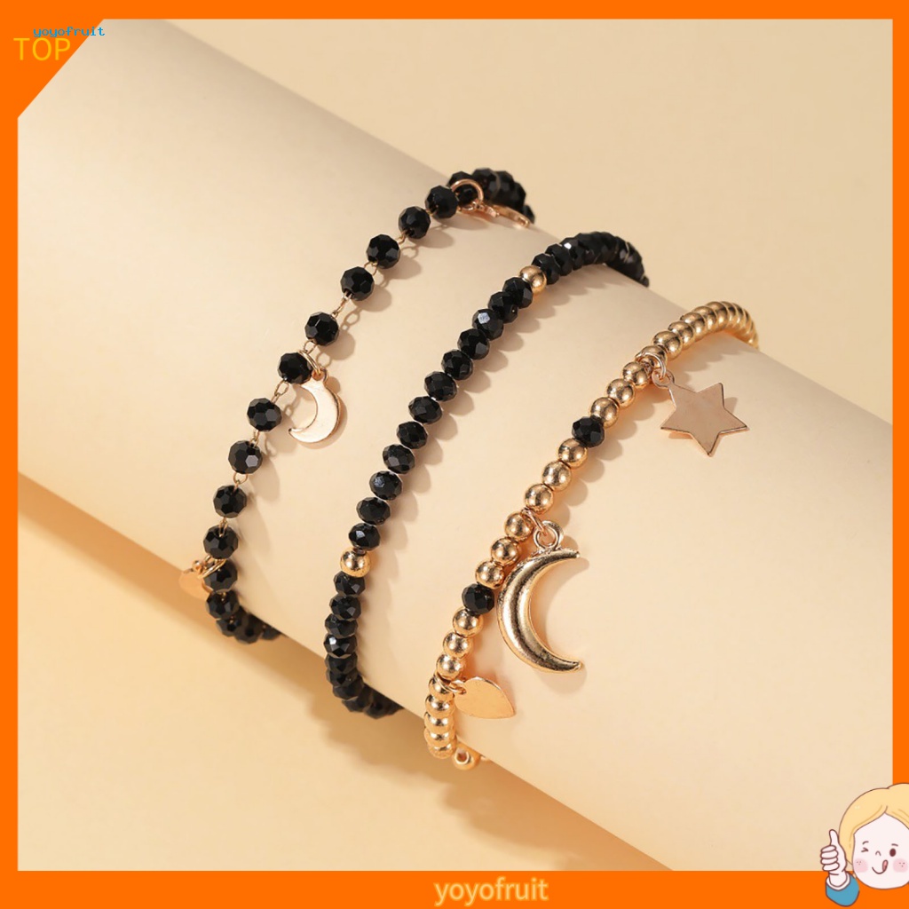 Set 3 Vòng Tay Hạt Nhựa Màu Đen Đính Mặt Trăng Và Ngôi Sao Cho Nữ